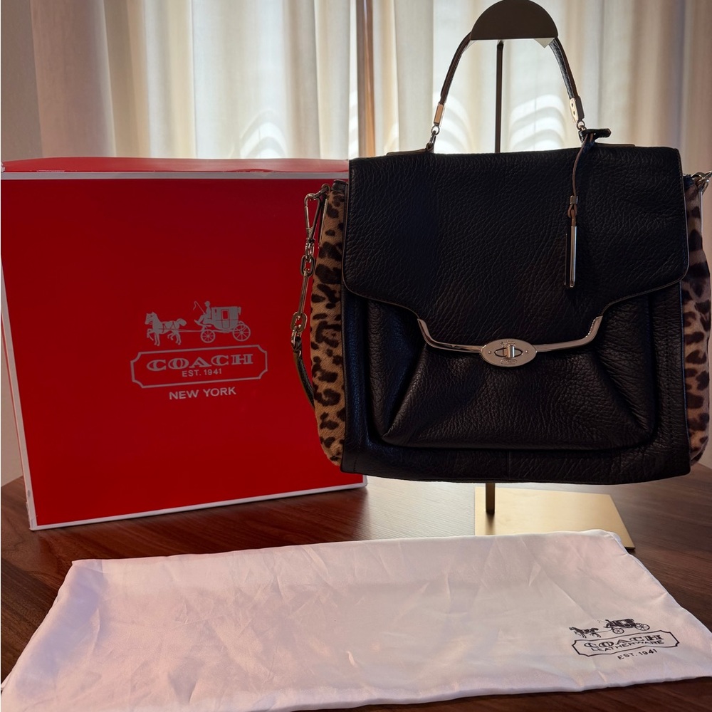Coach Black Leather Top-Handle Satchel with Leopard Print Sides